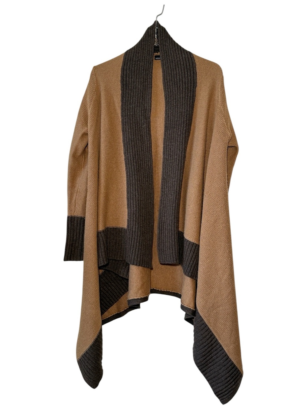 Moda International Two‑Tone Draped Open‑Front Cardigan Brown & Charcoal Small